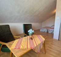 Living area of a family house with a wooden decor floor and simple seating.