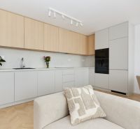 A kitchen in a 4-room apartment with wooden decor, light cabinets, and a comfortable couch.