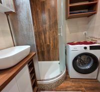 Bathroom in a 2-room apartment with a washing machine and a wooden decor floor.