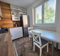 A kitchen in a 2-room apartment with a wooden decor and a view of greenery.