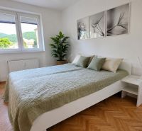 A room in a 2-room apartment with a wood-decorated floor and a large window.