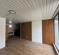 2-room apartment with wood-patterned flooring and wooden wall cladding.