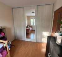 Interior of a 3-room apartment with a wooden decor floor and a built-in wardrobe.