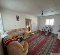 Living room in a family house with a stove, carpet, and sofa without wooden decor.