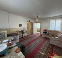 Living room in a family house with carpets, a fireplace, and a sofa.