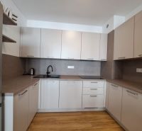 A kitchen in a 2-room apartment with a wooden decor floor and elegant furniture.