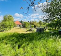 Greenery, trees, and a family house in the village of Pažiť with a blue sky in the background.