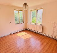 A spacious room with a wood-patterned floor in a family house.
