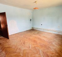A family house with light blue walls and a wooden-patterned floor.