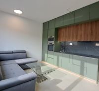 Stylish kitchen with a sofa and dining table in a 2-room apartment.