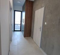 A hallway with tiles and a built-in wardrobe in a 2-room apartment.