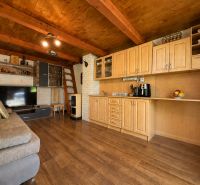 Interior of a cabin with a kitchen unit, wooden decor flooring, and a sofa.