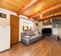 Living room of the cottage with a wooden decor floor, comfortable sofa, television, and cabinets.