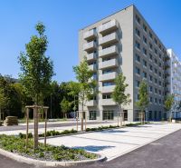Apartment building on Ivanská cesta in Ružinov, Bratislava, surrounded by greenery and parking.