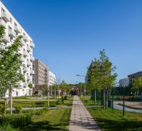 Modern apartment buildings with greenery on Ivanská cesta in Bratislava, Ružinov area.