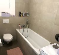 Bathroom with a bathtub, toilet, and washing machine in a studio apartment.