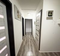 A hallway in a family house with a wooden decor floor and decorations on the walls.