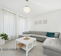 Bright living space with a corner sofa and wood-patterned flooring in a family house.
