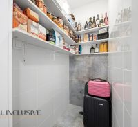 Pantry in a family house with shelves full of food and preserves.