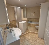 Bathroom in a 4-room apartment with a bathtub, shower, and washing machine.