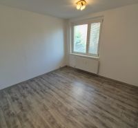 A room in a 4-room apartment with a wooden decor floor and a window.