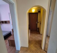 A hallway in a 4-room apartment with a wooden decor floor and tiles.