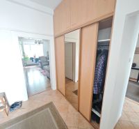 Built-in wardrobe and tiles in the hallway of a 2-room apartment with a wooden decor floor.