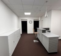 Offices with a reception, white cabinets, and brown carpet, floor with wood decor.