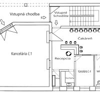 Floor plan of an office with a reception, waiting room, kitchen, and storage.