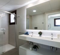 A bathroom in a 2-room apartment with a double sink, mirror, and shower enclosure.
