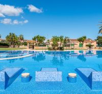 A swimming pool surrounded by palm trees in a holiday apartment Cala Murada Mallorca.