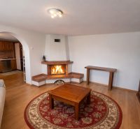 Living room in a family house with a fireplace, wooden decor flooring, and an arched doorway.