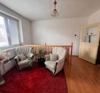 Interior of a family house with sofas, a red carpet, and a wooden decor floor.