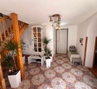 Interior of a family house with a staircase, plants, and tiles with a warm-colored decor.