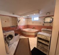A bathroom in a family house with a bathtub, washing machine, sink, and a floor with a wooden decor.