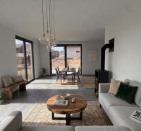 Living room in a family house with a fireplace, light furniture, and a floor with a wood decor.