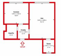 Floor plan of a 2-room apartment with a kitchen, bathroom, hallway, and closet.