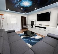 Living room in a studio apartment with a dark gray sofa, glass table, and wood-patterned flooring.