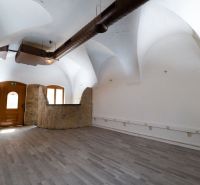 An interior with a vaulted ceiling and a floor with a wooden decor. Unique properties.
