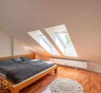 Attic bedroom in a 3-room apartment with wood-patterned flooring and skylights.