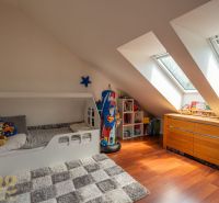 Children's room in a 3-room apartment with a wooden decor floor and slanted skylights.