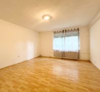 Interior of a family house with a large window and a wooden decor floor.