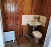 A restroom with wooden wall paneling and a simple sink in commercial premises.