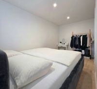 Bedroom in a 2-room apartment with a large bed, wardrobe, and floor with a wood decor.