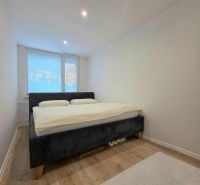 Bedroom in a 2-room apartment with a double bed and a wooden decor floor.