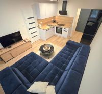 A kitchen in a 2-room apartment with a blue sofa and a wooden decor floor.