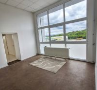 An office with a large window, wooden decor flooring, and heating.
