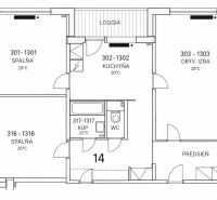 Floor plan of a 3-room apartment with a loggia, kitchen, living room, and bathroom.