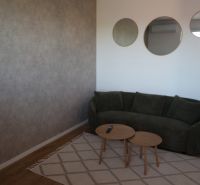 A sofa and a coffee table in a 2-room apartment, a carpet and a floor with a wooden decor.