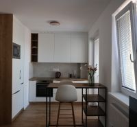 A kitchen in a 2-room apartment with a wood-patterned floor, arched windows, bar table.